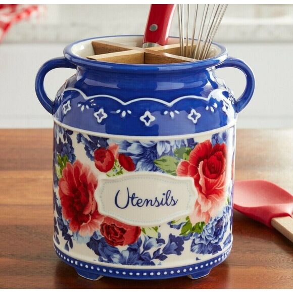 Pioneer Woman Heritage Floral Utensil Crock Blue Red Stoneware Wood Insert - Picture 2 of 4